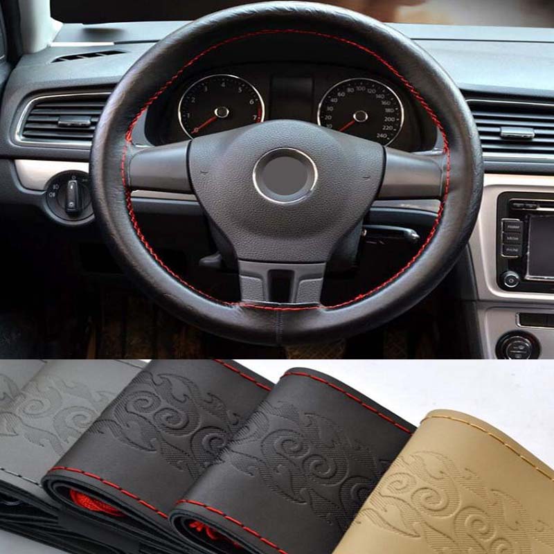 

36/38/40cm Universal Car Steering Wheel Cover Braid On Sew antislip breathable fashion cow leather