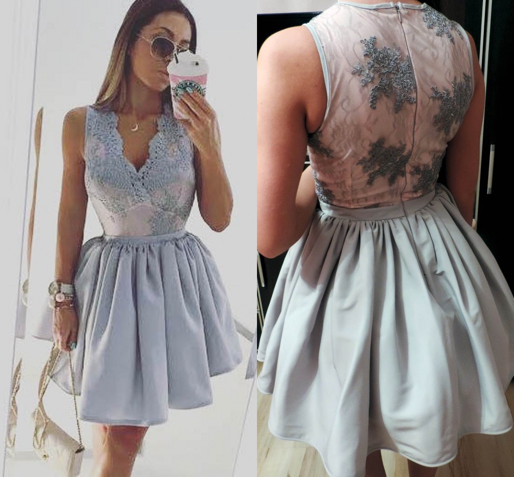 

Short Light Blue Cocktail Dresses 2017 Lace V-neck Mini Prom Party Gowns Sleeveless Homecoming Graduation Dress, Gold