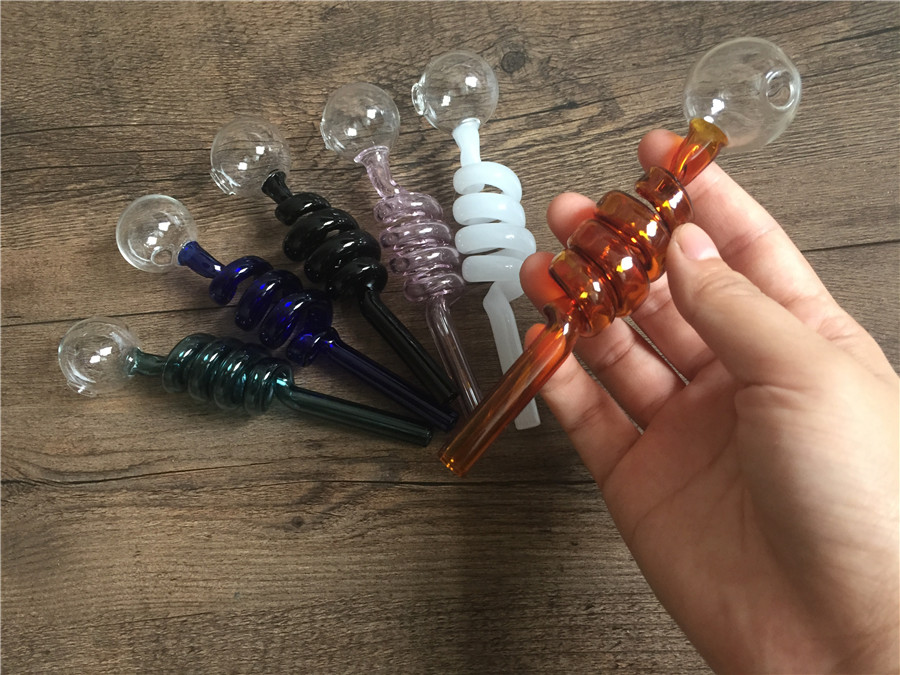 

2pc/lot Curved Glass Oil Burners Pipes Great Pyrex spiral glass pipes with Different Colored Balancer Water Pipe glass smoking pipes
