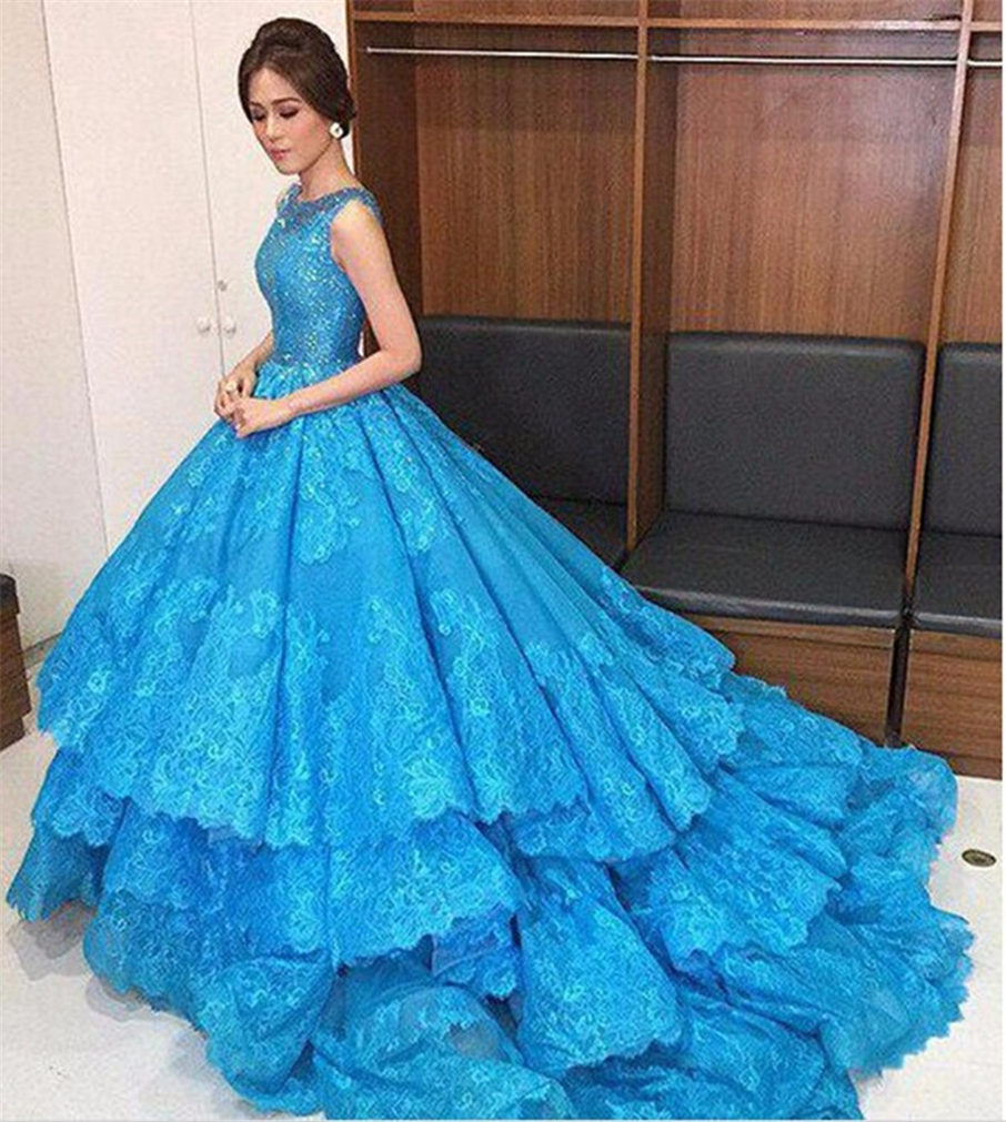 

Luxury Blue Scoop Neck Sleeveless Lace Princess Lace Prom Dress Layer Skirt Ball Gowns Evening Gowns Formal Dress, Hunter