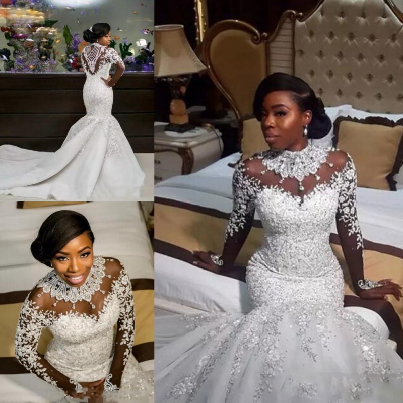 

African Luxury Wedding Dresses 2018 Lace Appliques Beading High Neck Bridal Gowns Sheer Long Sleeves Mermaid Wedding Vestidos Sweep Train, White