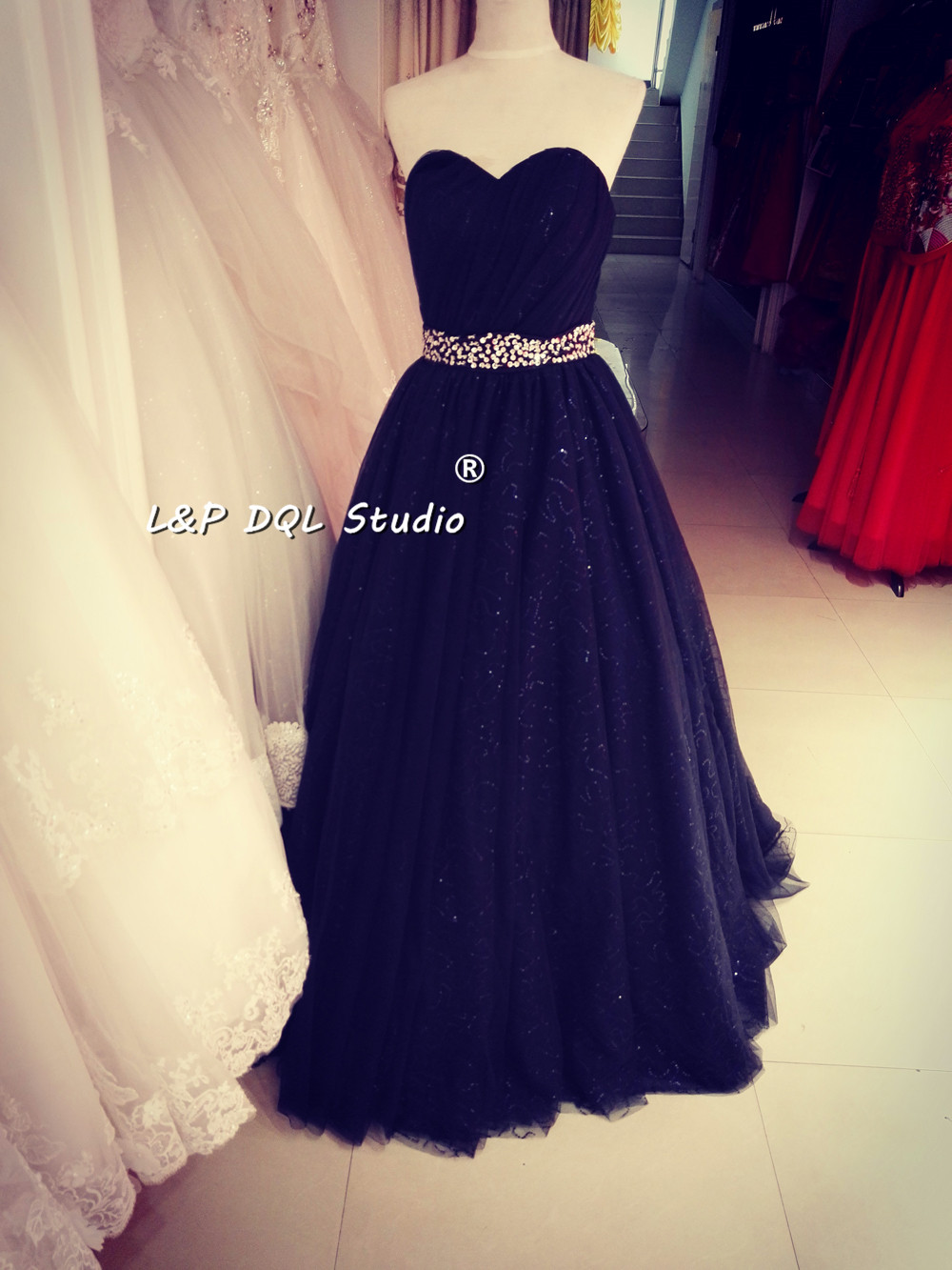 

Stunning Ball Gown Prom Dresses Long Train Sparkling Sequined tulle Lace-up Back Dark Navy Evening Gown Black Formal Gowns Real Photos, Blue