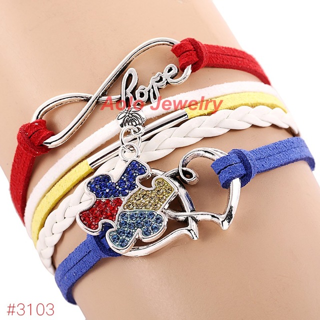 

Wholesale-2016 New Arrival Autism Awareness Bracelet Infinity Hope Rhinestone Puzzle Piece Charm Bracelet 6Pcs/Lot ! Free Shipping