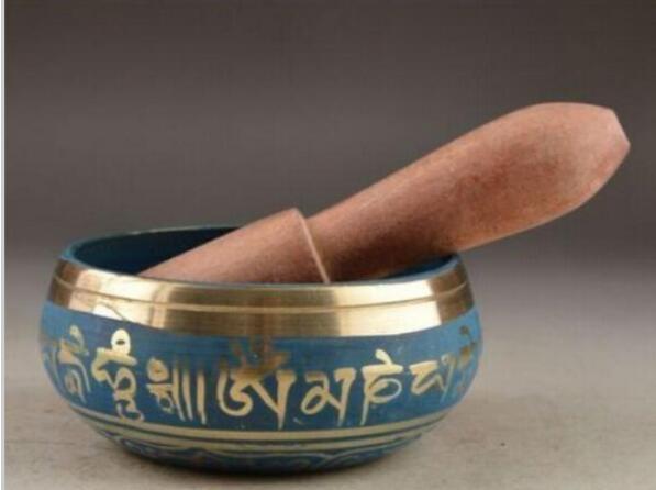 

Tibetan Copper Crafted Gold Gilt wonderful Chakra Singing Bowl Meditation Hand Stick Metal Crafts