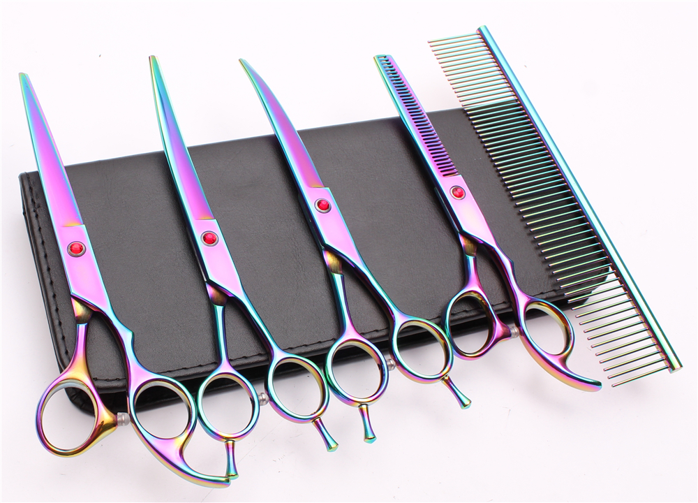 

C3002 5Pcs 7'' Customized Logo Professional Pets Grooming Hair Scissors Comb+Cutting+Thinning+UP &Down Curved Shears Dog Fur Clipper Shears