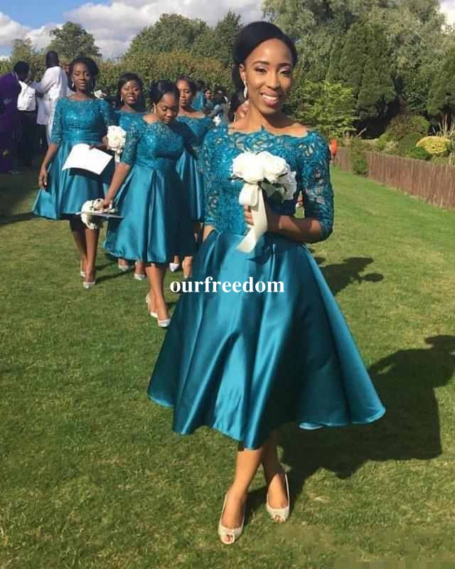 

Vintage 2019 Tea Length Country Style Bridesmaid Dresses with Half Sleeve Teal Satin Short Formal Wedding Guest Party Gowns Under 100