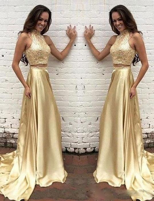 backless Sexy Hot Sheer Illusion glod Prom Dress Sleeveless Beaded two piece evening dress black girl prom Crystals Evening gowns high neck
