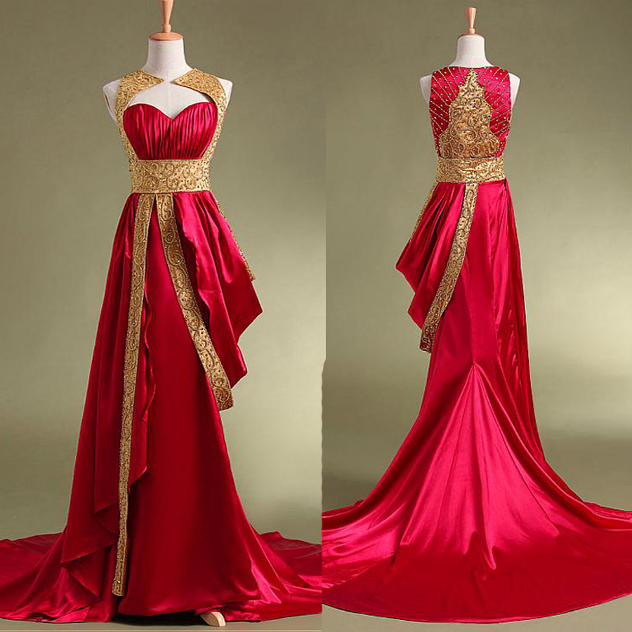 

Chic Dubai Stretch Satin Jewel Neckline A-line Arabic Evening Dresses with Beading Gold and Red Long Prom Dress with Pick Up Skirt, Green