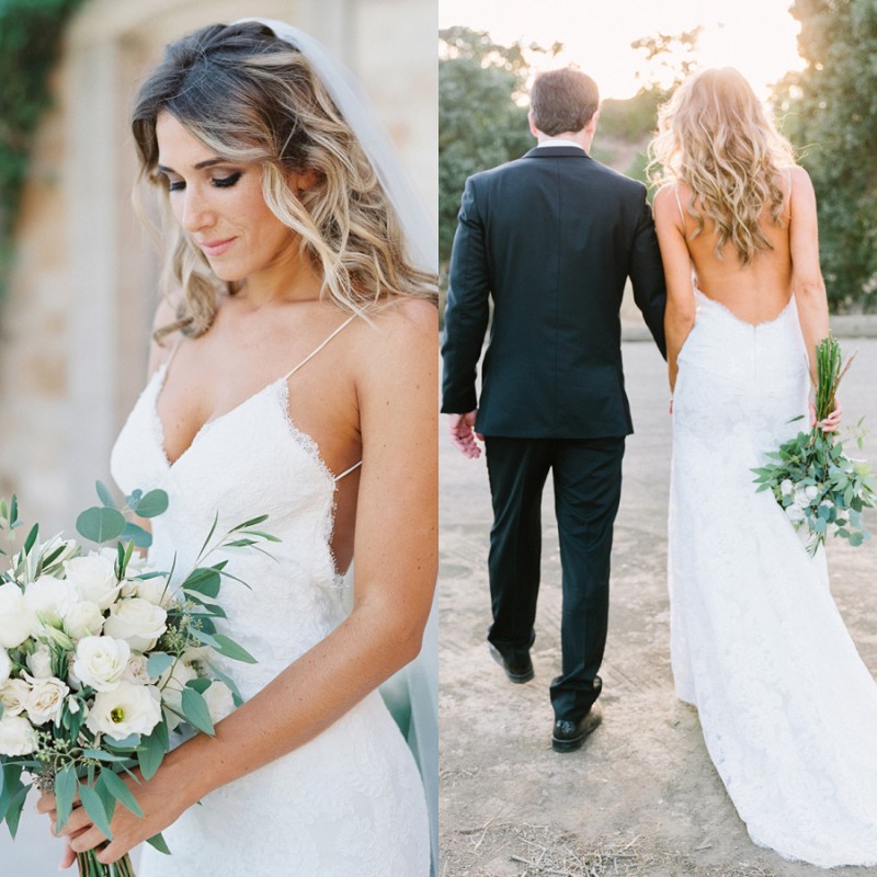 

Stunning Lace Mermaid Sexy Bridal Dress Plunge V-Neck Zipper Open Backless Wedding Gowns 2017 Charming Sweep Train Lace Garden Wedding Dress, Champagne