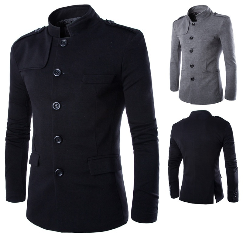 

Wholesale- New Arrivals Men Casual Stand Collar Chinese Tunic Suit Blazer Jackets Single Breasted Denim Slim Jacket and Coat Free shipping, Black