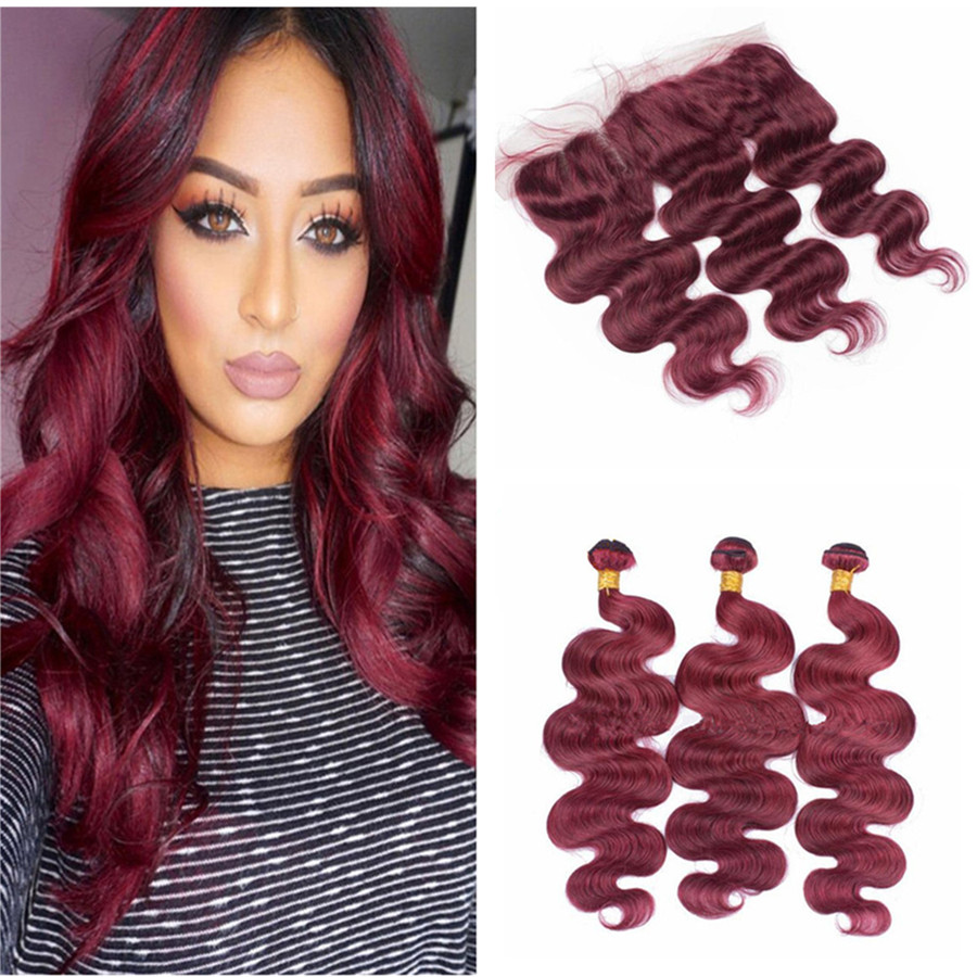 

9A Brazilian Burgundy hair With Lace Frontal Closure 13x4inch Body Wave #99J Wine Red Human Hair Bundles With Ear to Ear Full Frontals, #99j burgundy