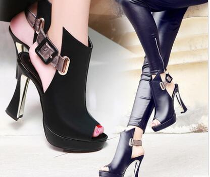 

wholesaler free factory price hot seller peep toe heel Chains platform black middle heel ladies shoes061