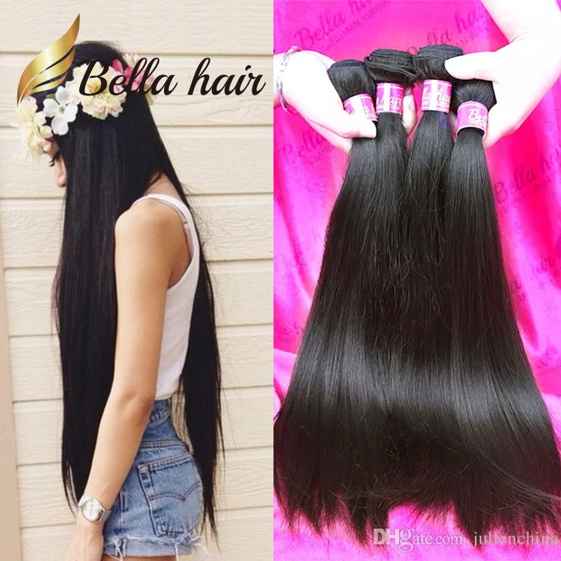 

Bella Hair 4pcs 11A Double Weft One Donor Brazilian 100% Virgin Human Hair Bundles Peruvian Straight Weave Unprocessed Raw Indian Extensions, Natural color