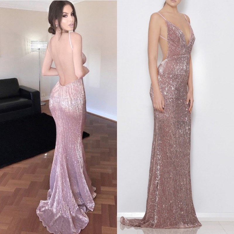 Rose Paillettes Sirène Robes De Bal Sexy Plunge V-cou Simple Sans Manches Fermeture Éclair Dos Nu Formelle Robe De Soirée 2017 Charme Longue Robe