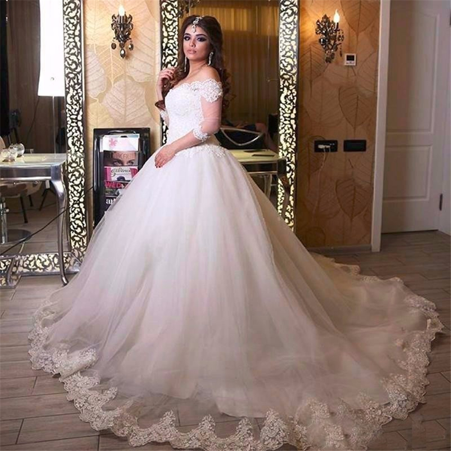 

Half Sleeves Lace Appliques Bridal Gowns Vestido de Noiva Ball Gown Wedding Dress Chapel Train Robe de Mariage, Custom made from color chart