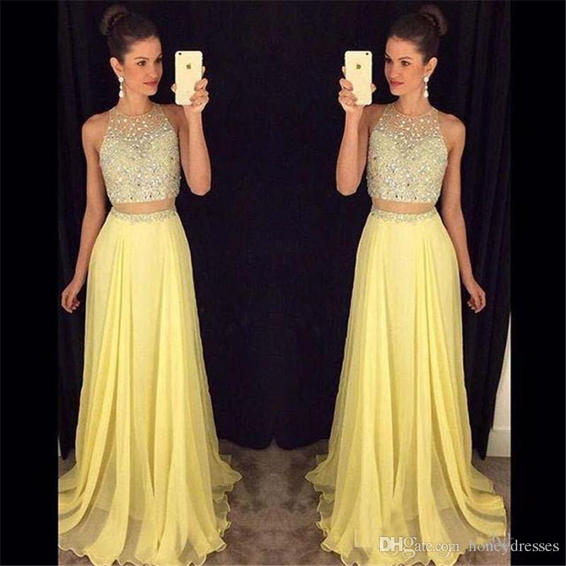 New Cheap Two Pieces Prom Dresses Jewel Neck Yellow Peach Chiffon Long Crystal Beads Sheer Back Zipper Party Dress Evening Gowns