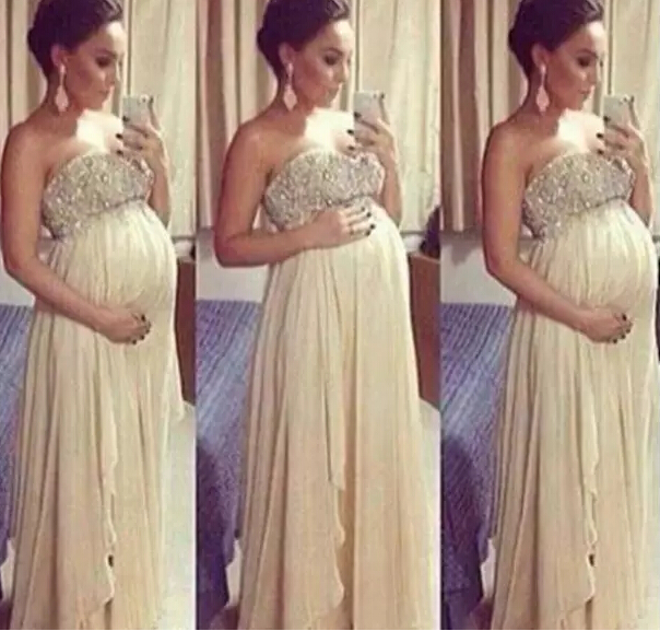 

Long Maternity Prom Dresses 2019 For Pregnant Woman A Line Beaded Top Sweetheart Floor Length Chiffon Formal Evening Gowns, Champagne