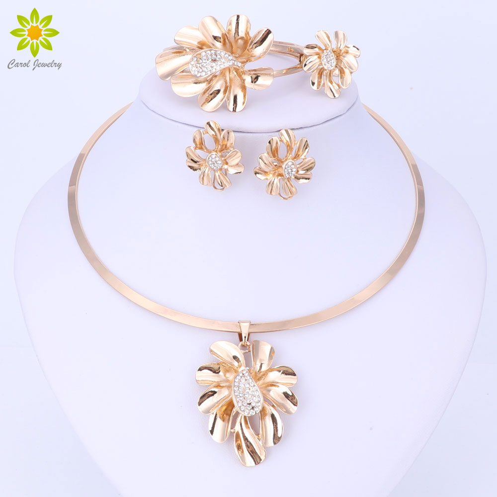 Gold Plated Women Dubai African beads Costume Jewelry Party Flower Shap Necklace Set Fashion Clear Crystal Jewelry Sets