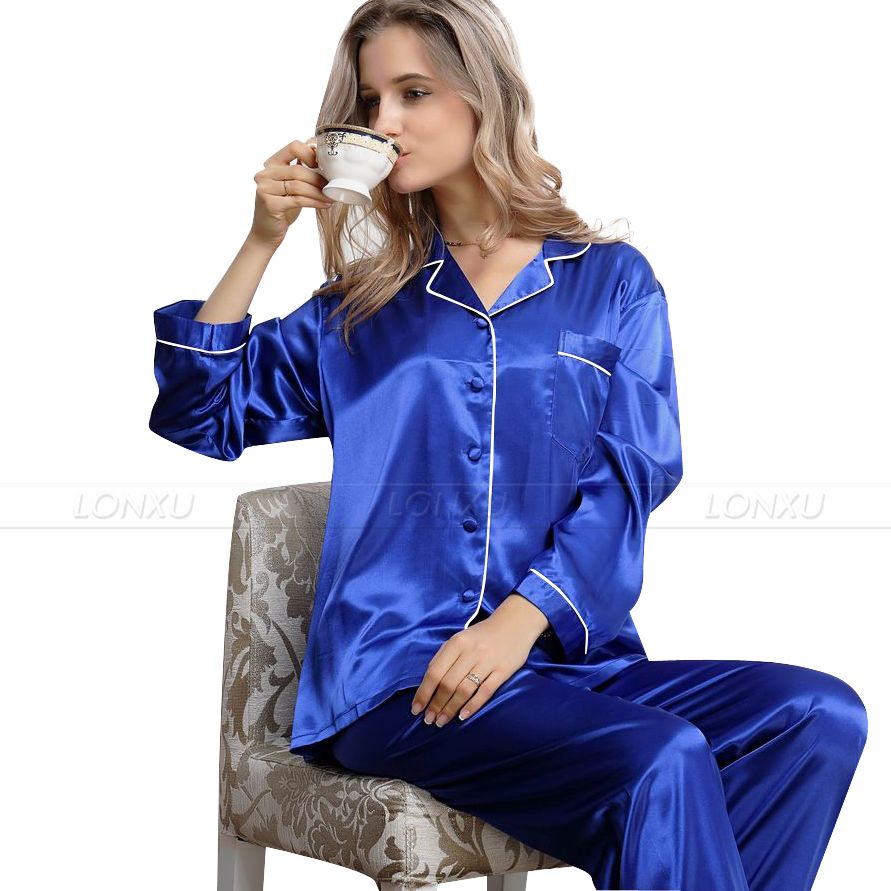 

Wholesale- Womens Silk Satin Pajamas Set Pajama Pyjamas Set Sleepwear Loungewear XS S  L XL 2XL 3XL__Gifts, Black