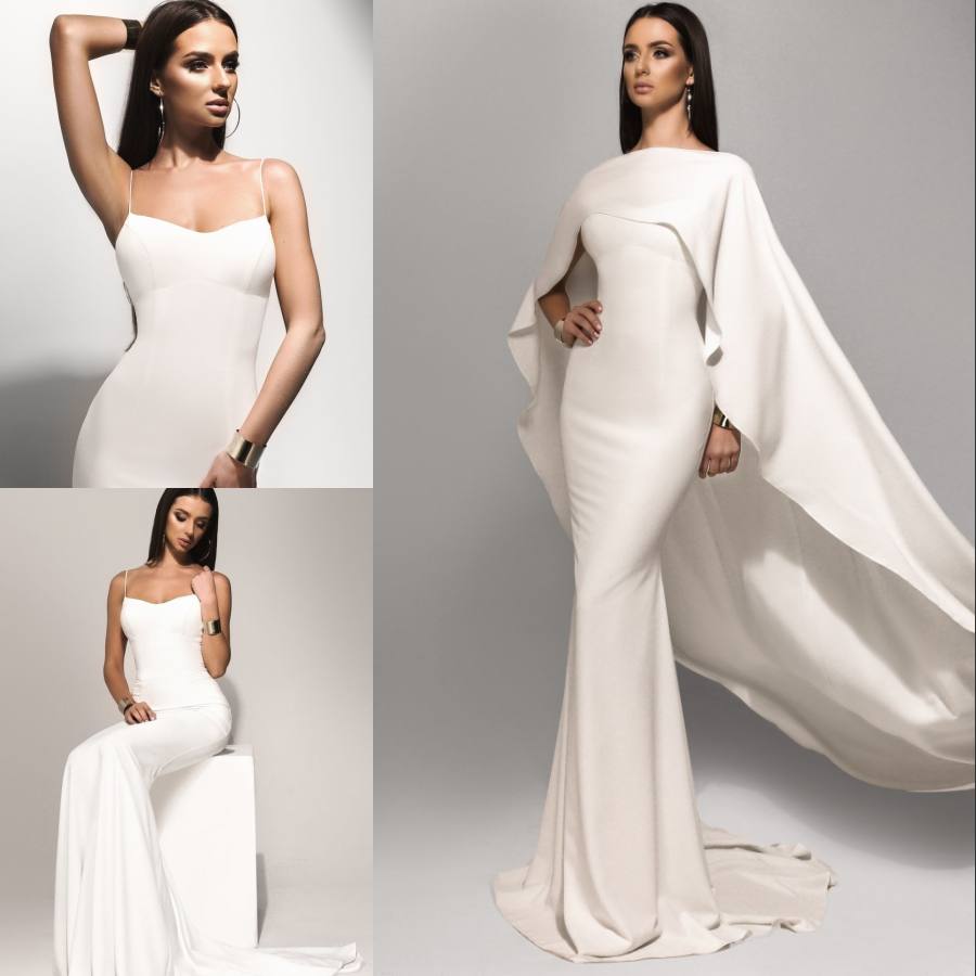

Cheap Arabic White Mermaid Prom Dresses With Cape Spaghetti Straps Evening Gowns Sweep Train Dubai Long Formal Party Dress, Blue