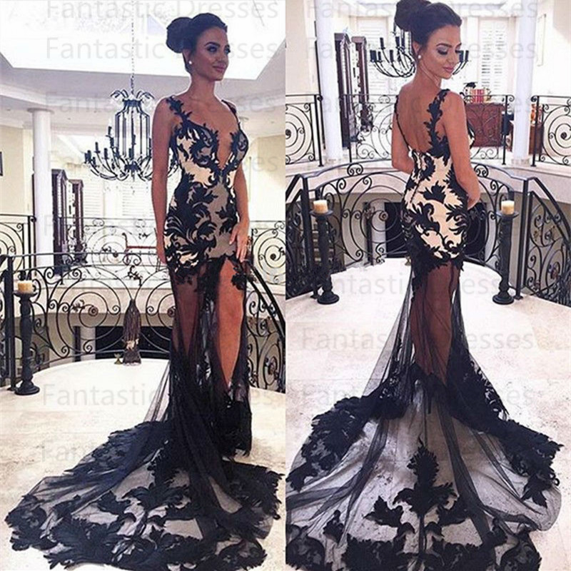 

robe de soiree Black V neck Sheer Lace Arabic Long Evening Dresses 2017 Backless Mermaid Real Sample Prom Dress Formal Gown, Lavender