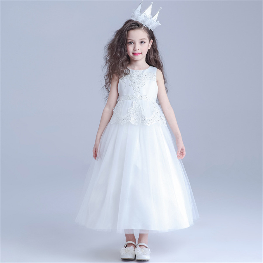 

FLower Girls Dresses Stock Size White Beaded Floor Length Girls First Communion Dress Princess Tulle A-Line Girl Dress