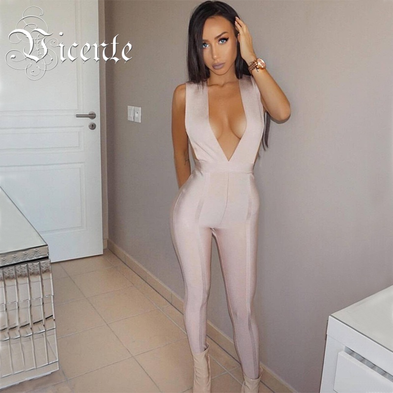 Wholesale- 2017 New Free Shipping Fashion Runway Inspiration Sexy Trend Deep Vneck Plunge HL Bandage Jumpsuit Women Bodysuit