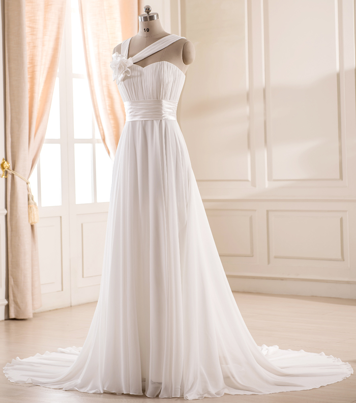 

Hot Sale Real Photos Cheap Charming Beach A-line 2 Straps Wedding Dress Pleated Chiffon Bridal Gown Lace up, Ivory