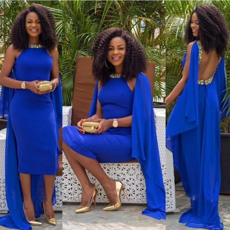 Royal Blue Chiffon African Style Evening Dresses Tea Length Caped Beaded Rhinestones Sexy Backless Cocktail Party Gowns-image-392894222