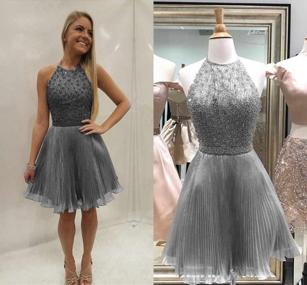 

Silver Gray Beading Organza Homecoming Dresses Jewel Halter Pleated Champagne Pink Short Prom Dresses Party Dresses, Blue