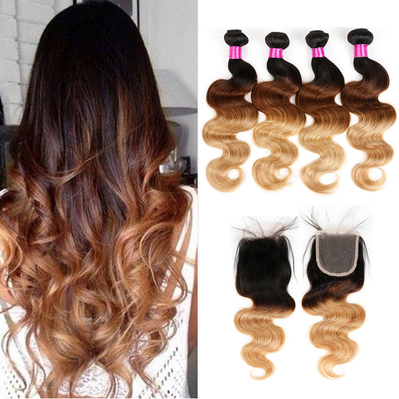 

Brazilian Virgin Hair 3 OR 4 Bundles With Closure Body Wave Hair Weaves Ombre Human Hair Bundle Closure, 1b/27