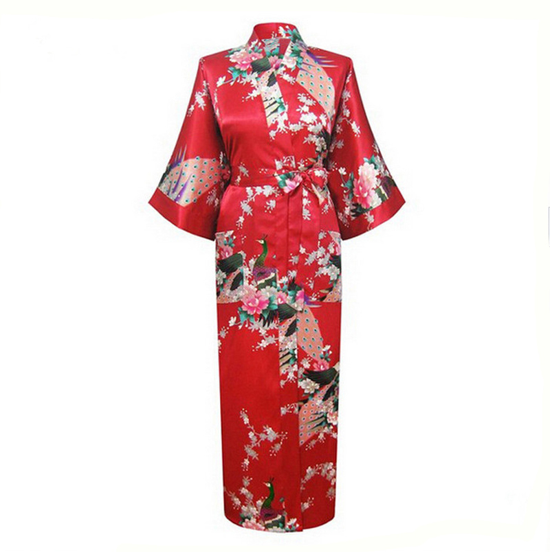 

Wholesale- Red Chinese Women Silk Rayon Robes Long Sexy Nightgowns Yukata Kimono Bath Gown Sleepwear pijama feminino Plus Size XXXL