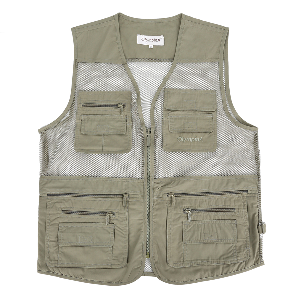 

Wholesale- Men multi pocket vest Men's Mesh Clothing sleeveless jacket Soild waistcoat Men journalist vest Reporter Breathable 5XL, Khaki