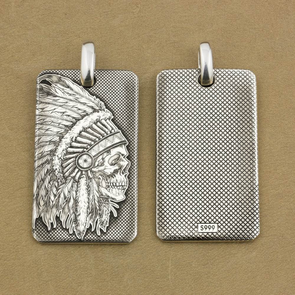 

LINSION 999 Sterling Silver Indian Chief Skull Pendant Mens Biker Rock Punk DogTag 9X022S