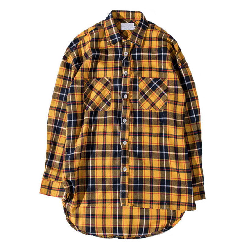 

Cotton Plaid Homme Shirts Flannel Streetwear Men Long Sleeve Fashion Front Short Back Long Curved Hem, White;black