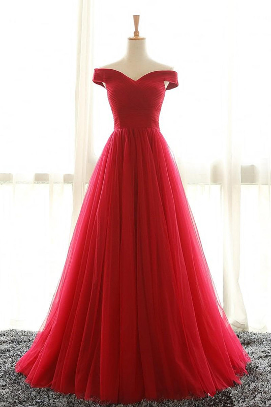 Off-the-shoulder Red Long Prom Dresses 2019 New Custom Simple Style Floor Length A-Line Tulle Formal Evening Party Gowns Robe De Soiree P232