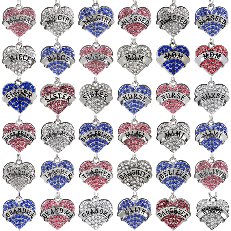 

New Heart Crystal Mom Hope Faith Aunt Family Necklace Silver plated Jewelry Rhinestone Pendant Necklaces women jewelry Gift