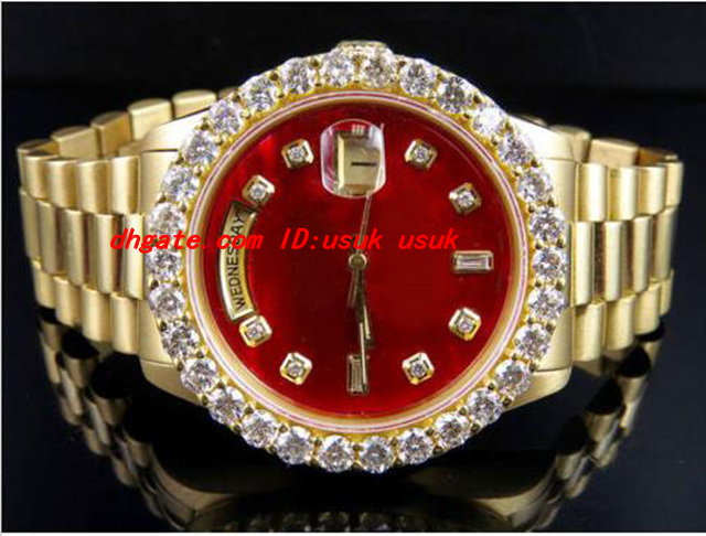 

Top Quality Luxury Wristwatch 18K Mens Yellow Gold 36MM Red Dial Bigger Diamond Watch 5.5CT Automatic Mechanical Men Watches