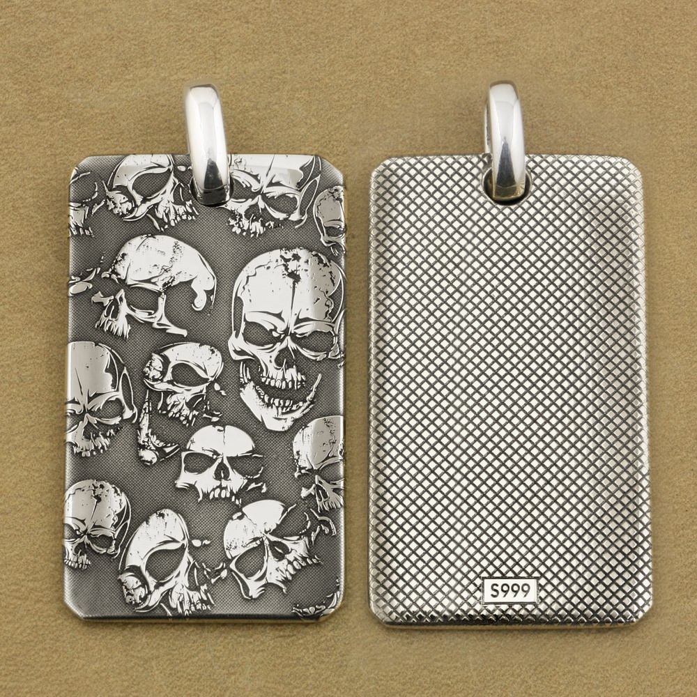 

High Details 999 Sterling Silver Deep Laser Engraved Skulls DogTag Mens Biker Rock Punk Pendant 9X032S Just Pendant