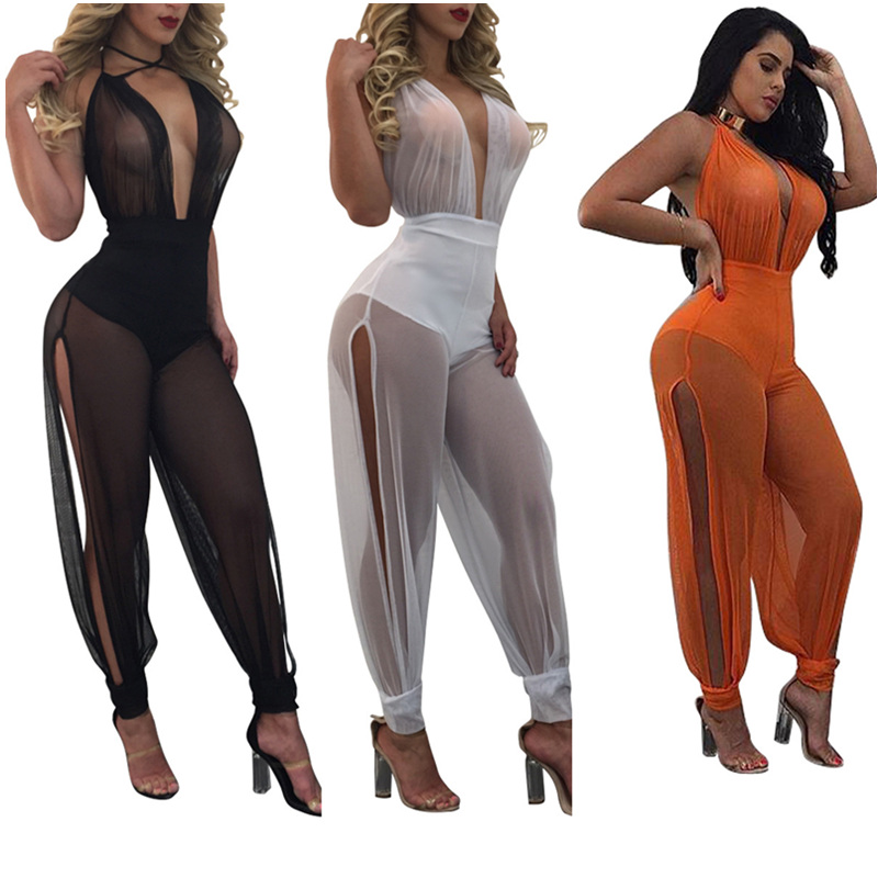 Wholesale- 2017 Summer New Sexy Jumpsuits Wide Leg One Piece Outfits Full Bodysuit See Through Backless Mesh Rompers Womens Jumpsuit-image-400210384