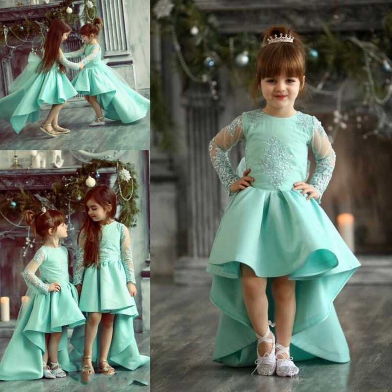

Turquoise High Low Girls Pageant Gowns Lace Appliques Sheer Long Sleeves Flower Girl Dresses For Wedding Baby Birthday Party Dress, Green