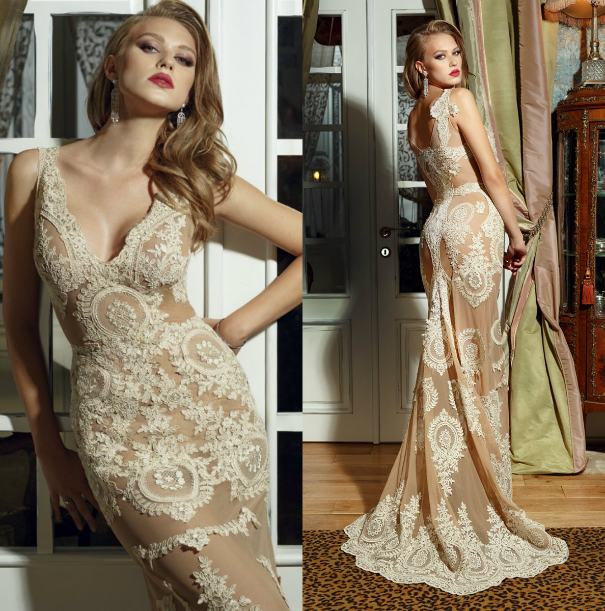 

Gorgeous Bien Savvy Mermaid Wedding Dress V Neck Sleeveless Lace Applique Nude Bridal Gowns Hollow Wedding Dresses Custom Made, Silver