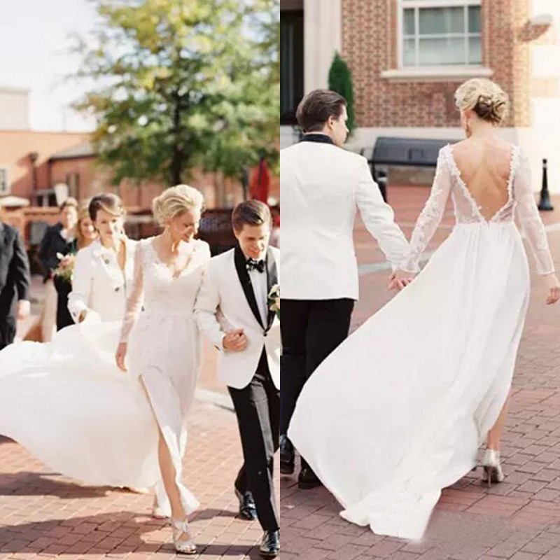 

Sexy 2017 V Neck Backless Side Split Beach Wedding Dresses With Illusion Long Sleeves Bridal Gowns Cheap Custom Made EN9219, Red