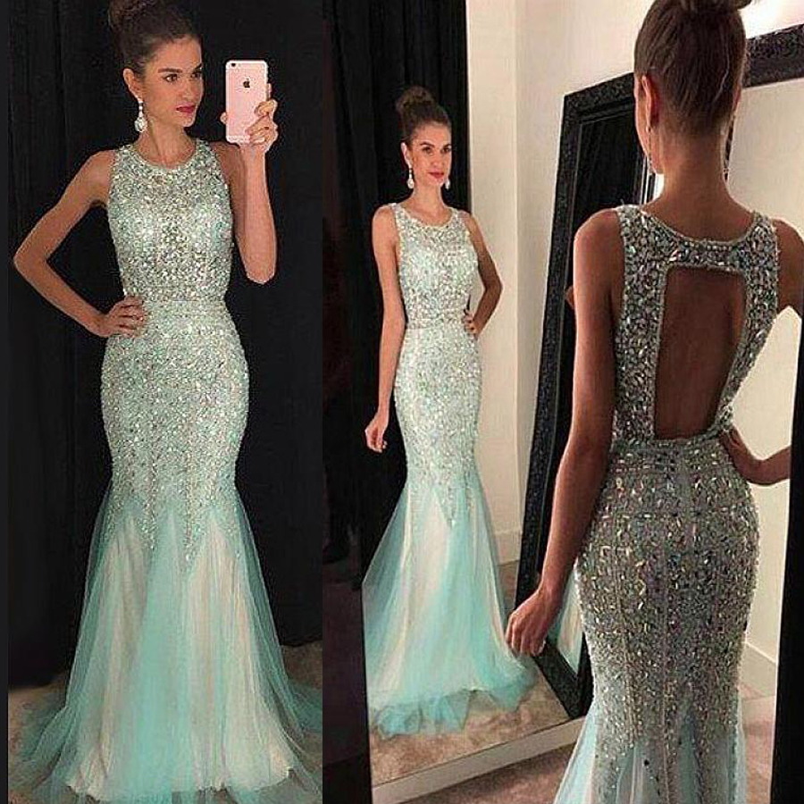 

Delicate Tulle Jewel Neckline Mermaid Evening Dresses With Beadings Bling Bling Crystals Prom Dress Open Back vestidos de festa longo, Brown