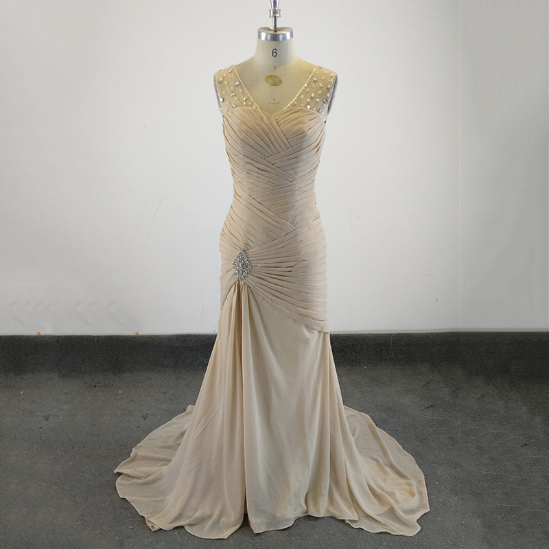

Newest Sexy Real Image Mermaid Elegant Champagne Evening Dresses Sexy Crystal Crew Cheap Sweep Train Party Prom Dresses