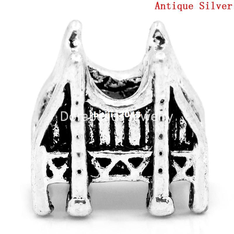 Alloy Free ! European Charm Beads San Francisco Golden Gate Bridge Antique Silver 13x12mm,Hole:Approx:5mm,40PCs Jewelry Making DIY-image-180139659