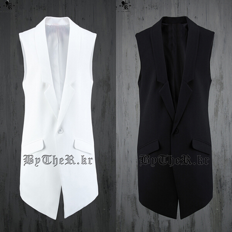 Wholesale- Korean Causal Slim Black White Male Dress Suit Sleeveless Blazer Vest Long Waistcoat Men Hip Hop Streetwear Urban Clohthing