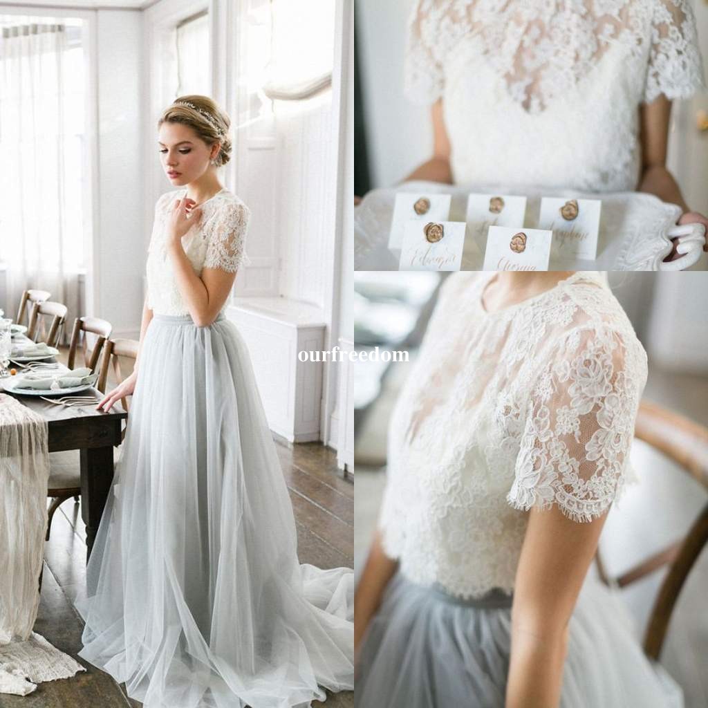 Grey Sweet Two Piece Bridesmaid Dresses 2019 Sheer Jewel Neck Half Sleeve Lace Top Maid Of Honor Country Garden Wedding Wear Custom Made