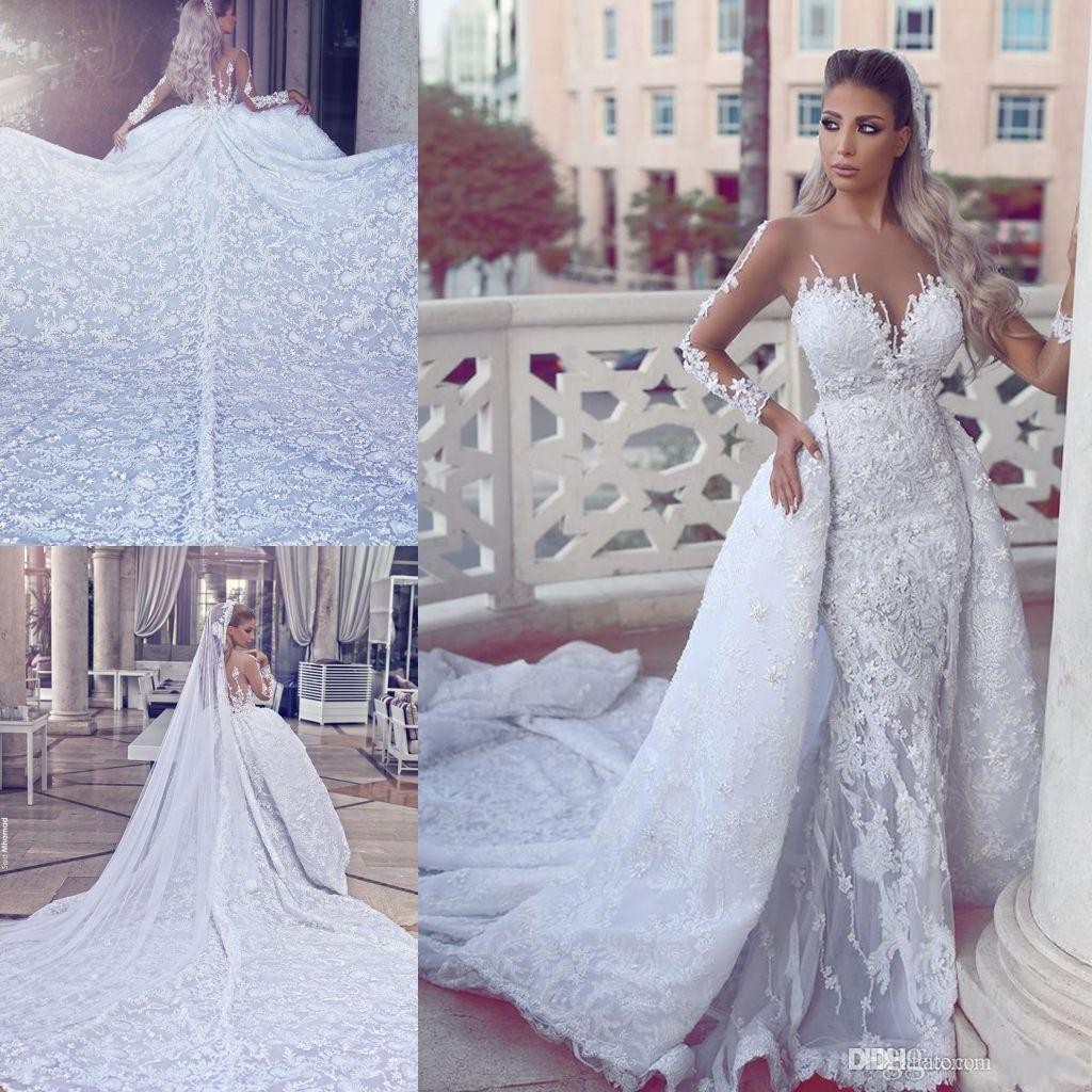 

Arabic Lace Overskirts Wedding Dresses Long Sleeves Sheer Neck Lace Appliques Illusion Back Mermaid Bridal Gowns with Removable Skirt, Champagne
