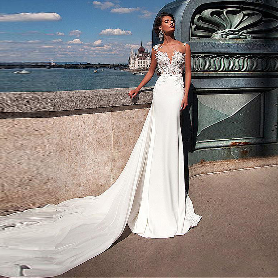 

Chic Tulle & Chiffon Jewel Neckline Mermaid Wedding Dresses With Detachable Train Lace Appliques Beach Wedding Gowns vestido de festa curto, Same as image